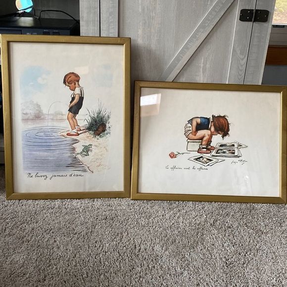 Vintage Pair of Georges Repon Framed Art Lithographs Naughty Children - Picture 1 of 16